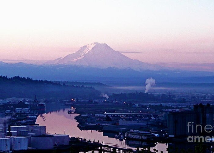 Photography Greeting Card featuring the photograph Mount Rainier dawn above Port of Tacoma by Sean Griffin