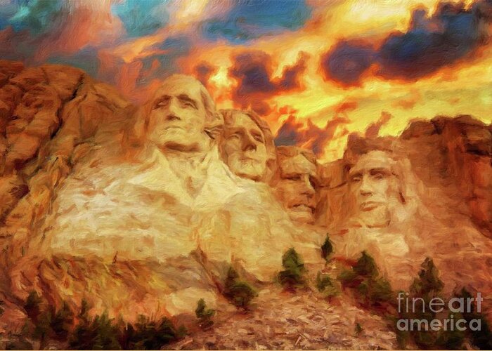 Landscape Greeting Card featuring the painting Mount Rushmore by Sarah Kirk by Esoterica Art Agency