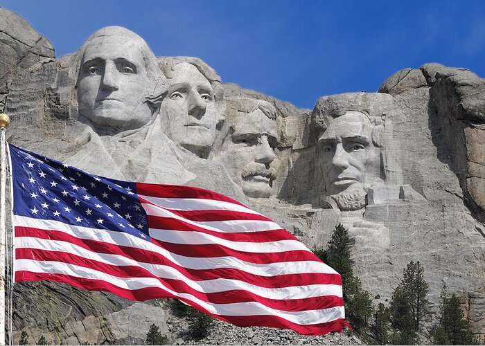 American Flag Greeting Card featuring the photograph Mount Rushmore by Christian Heeb
