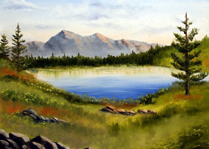 Mountain Greeting Card featuring the painting Mountain Lake Landscape Oil Painting by Mark Webster