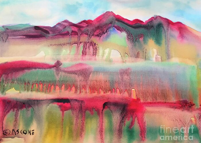 Mountain Mirage Greeting Card featuring the painting Mountain Mirage by Teresa Ascone