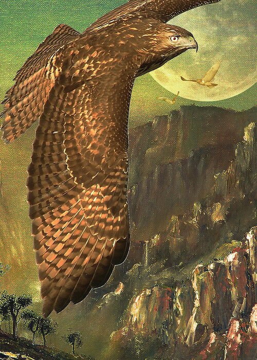 Red Tail Hawk Greeting Card featuring the digital art Mountain of the Hawks by Wingsdomain Art and Photography