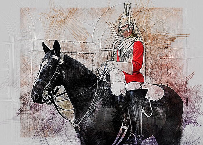 Household Cavalry Greeting Card featuring the digital art Mounted Household Cavalry Soldier On Guard Duty in Whitehall Lon by Anthony Murphy