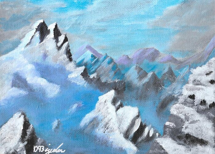Mountain Greeting Card featuring the painting Mountians in mist 2 by David Bigelow