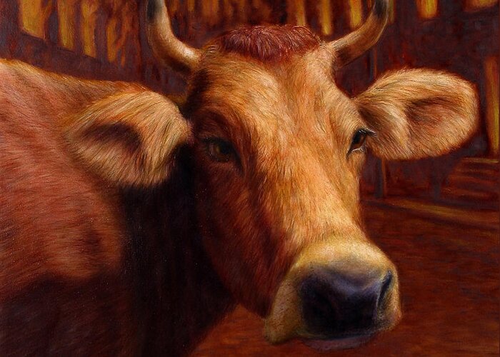 Cow Greeting Card featuring the painting Mrs. O'Leary's Cow by James W Johnson