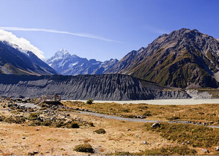 Mt Cook New Noramzealand Pano Paa Landscape Nz Snow Capped Mountains Mountain Vertical Valley Canterbury National Park Aoraki Meuller Lake South Island Greeting Card featuring the photograph Mt Cook New Zealand and Meuller Lake by Bill Robinson