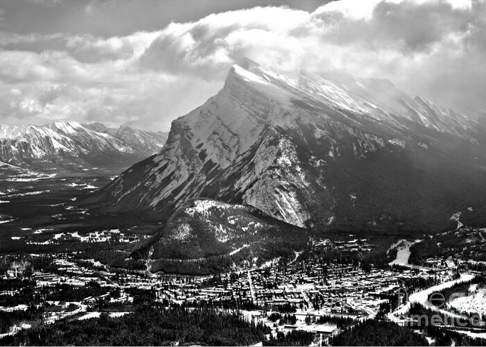 Mt Norquay Greeting Card featuring the photograph Mt Rundle Reaching For The Ski Black And White by Adam Jewell