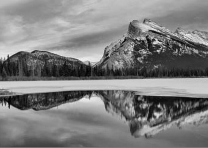 Mt Rundle Greeting Card featuring the photograph Mt Rundle Reflections Black And White by Adam Jewell