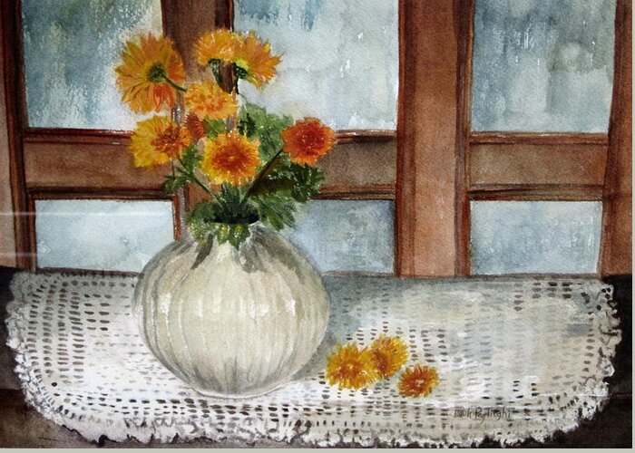 Small Vase Of Orange Mums Greeting Card featuring the painting Mum is the Word by Paula Pagliughi