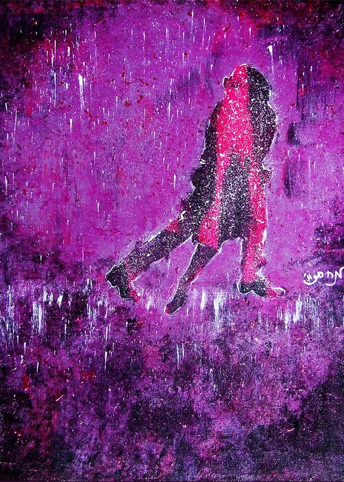 Music Greeting Card featuring the painting Music Inspired Dancing Tango Couple in Purple Rain Contemporary Lyrical Splattered and Emotional by M Zimmerman