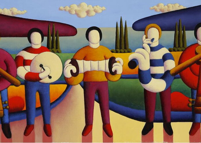 Irish Contemporary Greeting Card featuring the painting Music Trad Session With Five Soft Musicians by Alan Kenny