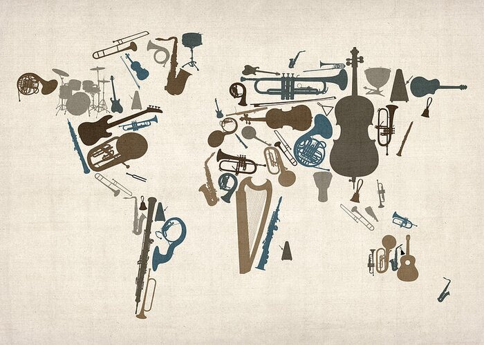 World Map Greeting Card featuring the digital art Musical Instruments Map of the World Map by Michael Tompsett
