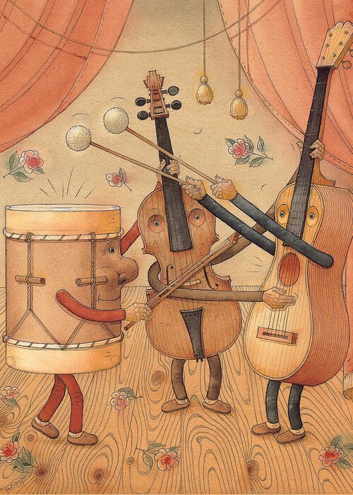 Music Instruments Guitar Violin Drums Concert Greeting Card featuring the painting Musicians by Kestutis Kasparavicius