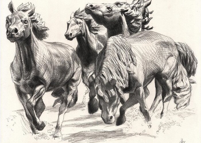Cowboy Greeting Card featuring the drawing Mustangs of Las Colinas by David Clemons