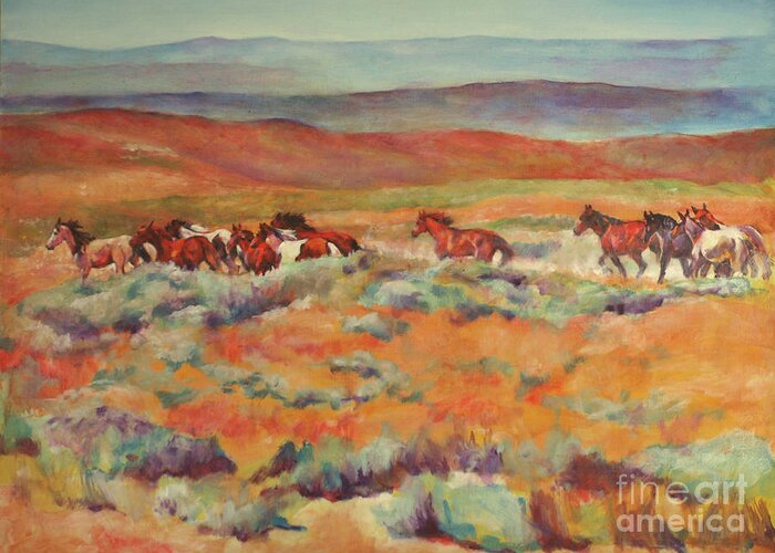 Horse Greeting Card featuring the painting Mustangs Running Near White Mountain by Karen Brenner