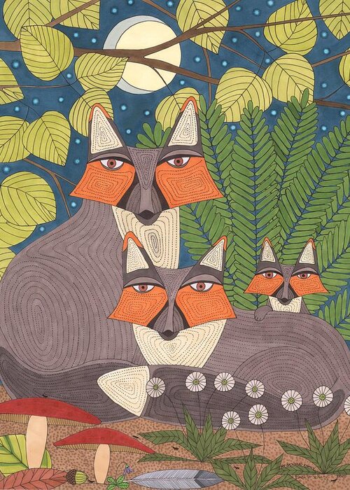 Fox Greeting Card featuring the drawing My Backyard Family by Pamela Schiermeyer