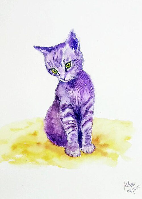 Kitten Greeting Card featuring the painting My cute purple kitten by Asha Sudhaker Shenoy