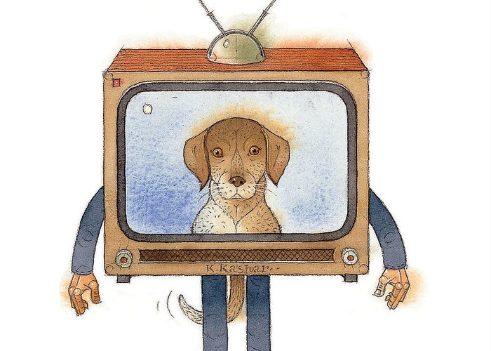 Tv Televoision Dog Greeting Card featuring the painting tv by Kestutis Kasparavicius