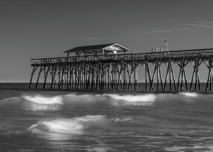Pier Greeting Card featuring the photograph Myrtle Beach Pier Panorama in Black and White by Ranjay Mitra