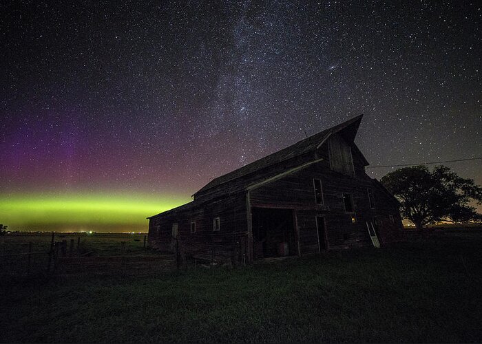 Lights Usa Green 500px Canon Dark Purple Space Mysterious Decay Barn Rural Forgotten Cosmos Astrophotography Amazing South Dakota Awesome Galaxy Aurora Borealis Northern Lights Andromeda Rokinon Abandoned Farm Canova Dark Places Aaron Groen Homegroen Photography Northern Arm Of Milky Way Greeting Card featuring the photograph Mysterious Lights by Aaron J Groen