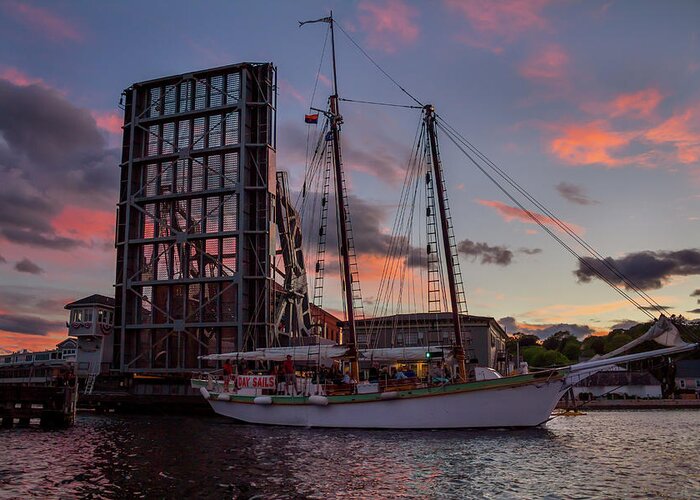 Mystic Greeting Card featuring the photograph Mystic Drawbridge Sunset Cruse by Kirkodd Photography Of New England