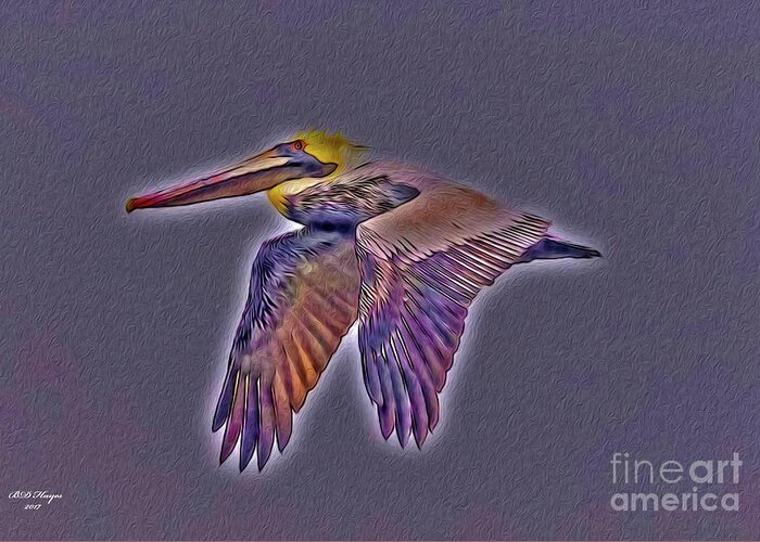 Brown Greeting Card featuring the digital art Mystical Brown Pelican Soaring Spirit by DB Hayes