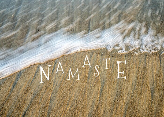 Namaste Greeting Card featuring the mixed media Namaste On The Beach by Joseph S Giacalone