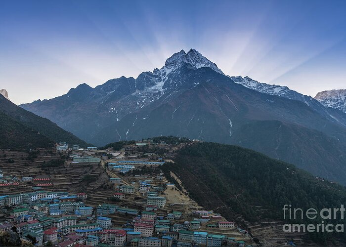 Everest Greeting Card featuring the photograph Namche and Thamserku Peak Morning Sunrays by Mike Reid