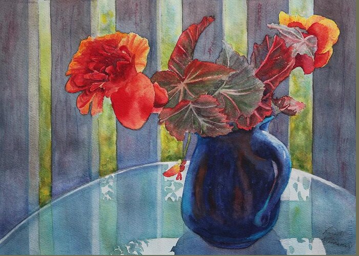 Blue Jug Greeting Card featuring the painting Nancy's Begonias by Ruth Kamenev
