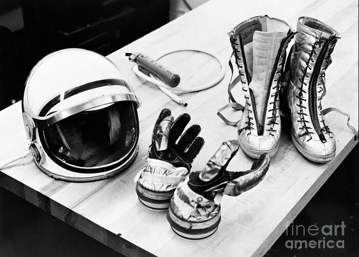  (28 July 1961) --- Table Top View Greeting Card featuring the photograph NASA Mercury suit components including gloves boots and helmet by Vintage Collectables