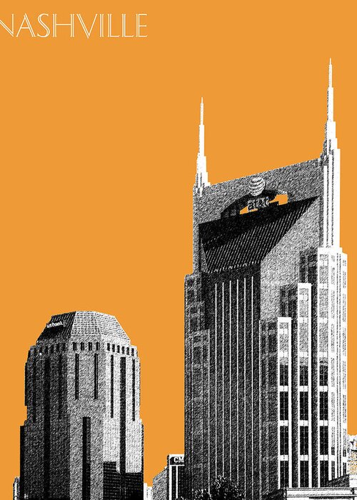 Architecture Greeting Card featuring the digital art Nashville Skyline AT and T Batman Building - Orange by DB Artist