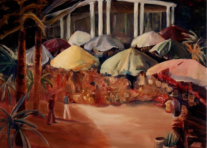 Oil Painting Greeting Card featuring the painting Nassau Market Scene by Bettye Harwell