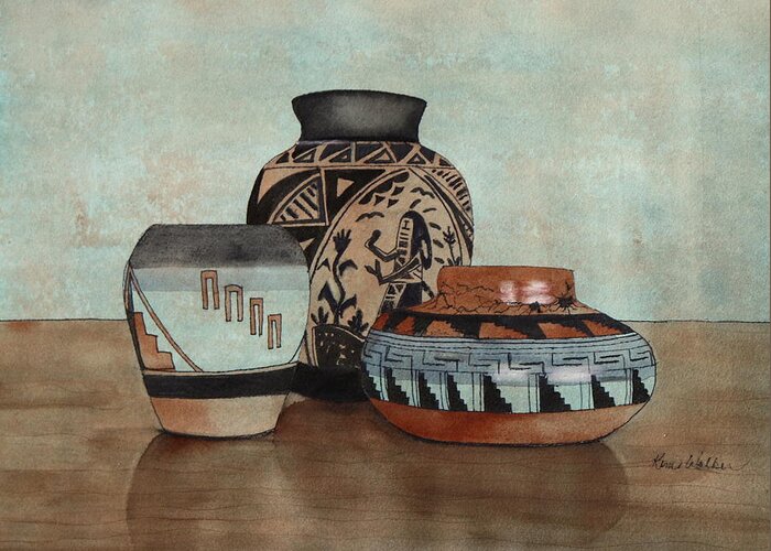 Black Greeting Card featuring the painting Native Pots 1 Watercolor by Kimberly Walker