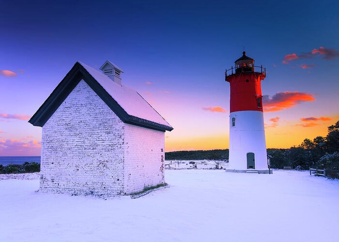 Usa Greeting Card featuring the photograph Nauset Lighthouse Sunset, First Snow by Darius Aniunas