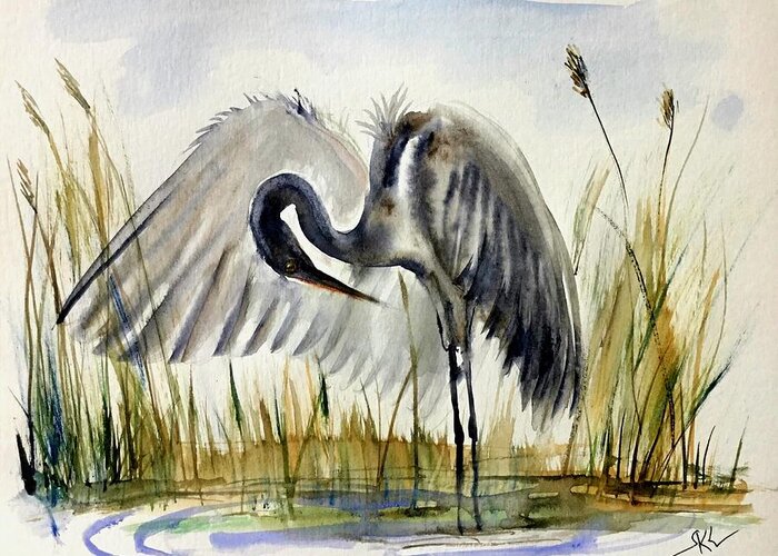 Egret Greeting Card featuring the painting Near the pond 3 by Katerina Kovatcheva