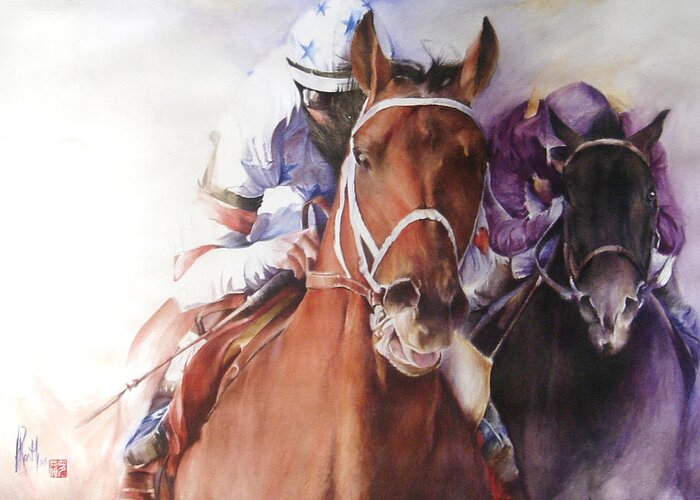 Race Horse Greeting Card featuring the painting Neck And Neck by Alan Kirkland-Roath