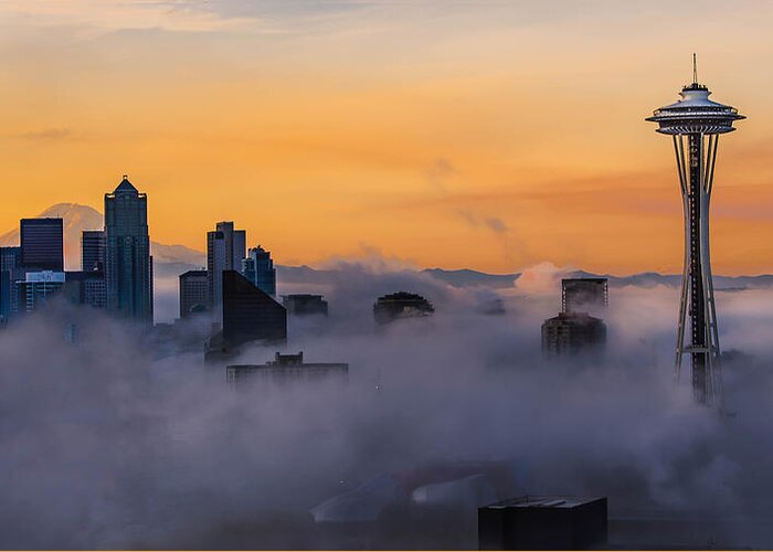 Space Needle Greeting Card featuring the photograph Needling The Fog by Kevin McClish