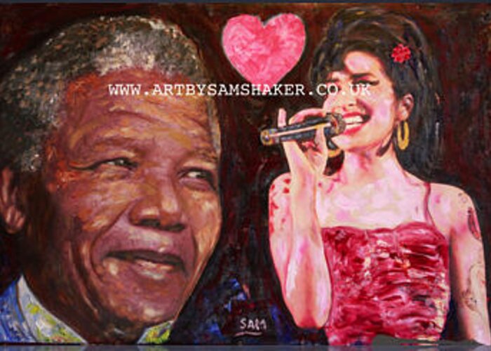 Amy Greeting Card featuring the painting Nelson Mandella and Amy by Sam Shaker