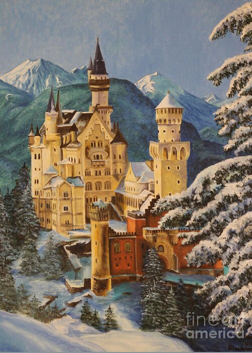 Germany Art Greeting Card featuring the painting Neuschwanstein Castle in Winter by Charlotte Blanchard