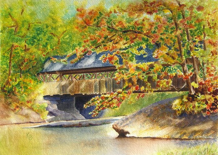 Autumn Greeting Card featuring the painting New England Covered Bridge by Karen Fleschler
