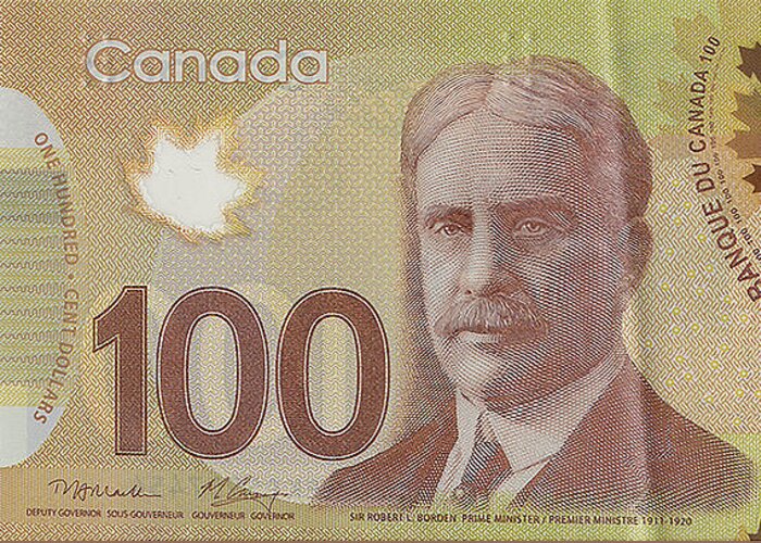 'paper Currency' By Serge Averbukh Greeting Card featuring the digital art New One Hundred Canadian Dollar Bill by Serge Averbukh