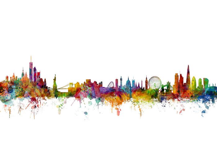 Cityscape Greeting Card featuring the digital art New York and London Skyline Mashup by Michael Tompsett