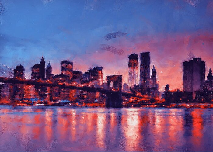 New York City Greeting Card featuring the painting New York at Night - 16 by AM FineArtPrints