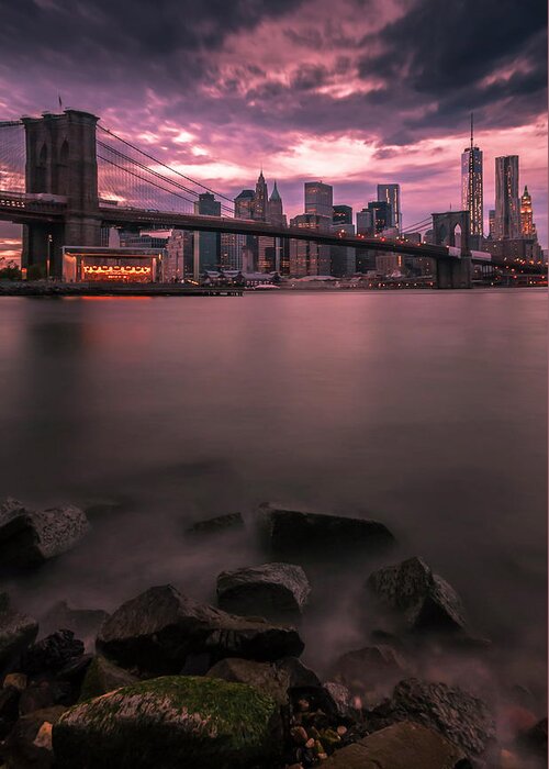 New York City Greeting Card featuring the photograph New York City Brooklyn Bridge Sunset by Ranjay Mitra