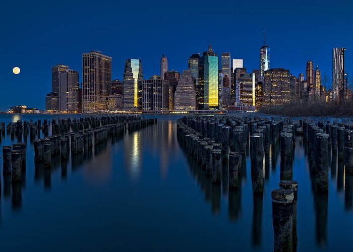 World Trade Center Greeting Card featuring the photograph New York City Moonset by Susan Candelario