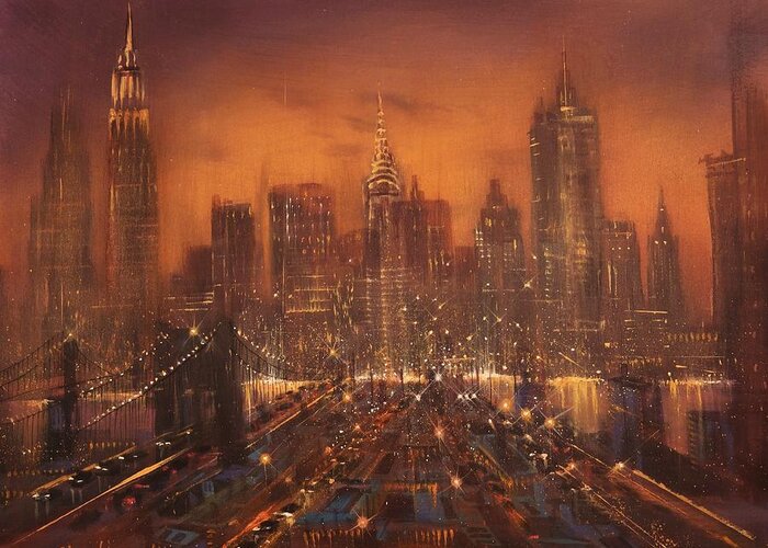 Nyc Greeting Card featuring the painting New York City of Dreams by Tom Shropshire