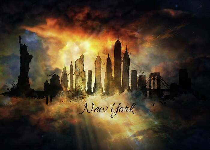 New York Skyline Greeting Card featuring the painting New York city Skyline in the clouds by Lilia S