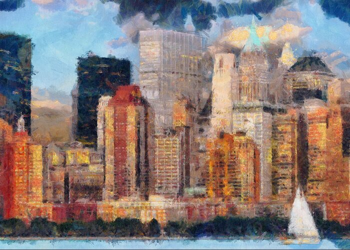 New York Skyline Greeting Card featuring the painting New York Skyline Painting Art - Manhattan Hudson View by Wall Art Prints