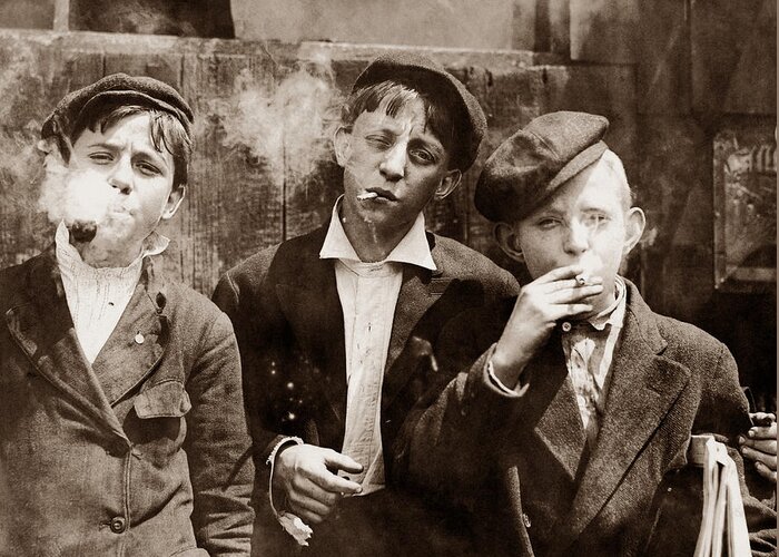 Vintage Greeting Card featuring the photograph Newsboys Smoking - 1910 Child Labor Photo by War Is Hell Store