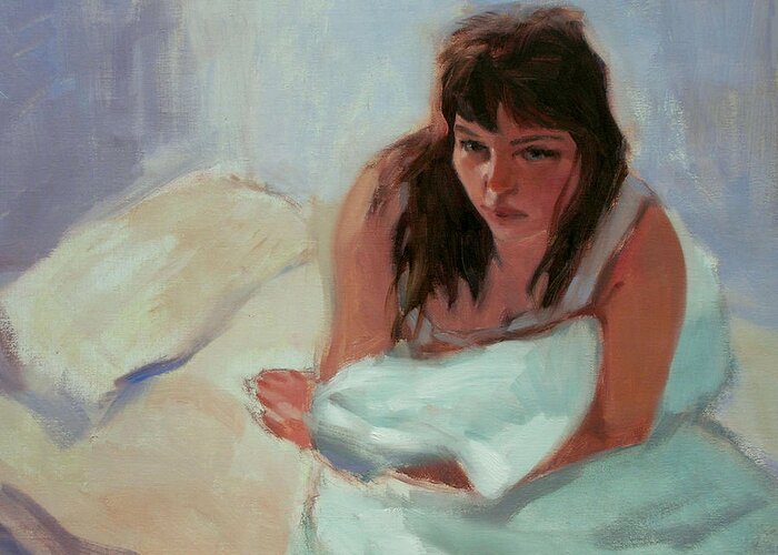 Portrait Greeting Card featuring the painting Nicole In The Morning by Merle Keller
